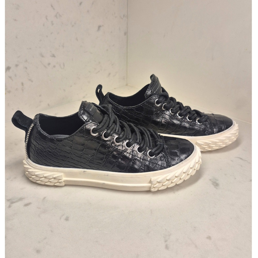 Giuseppe Zanotti Luxury Black Croc Embossed Leather Sneakers White Sole Zipper